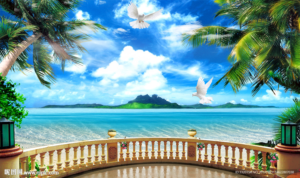 窗外海边风景椰树蓝天电视背景墙