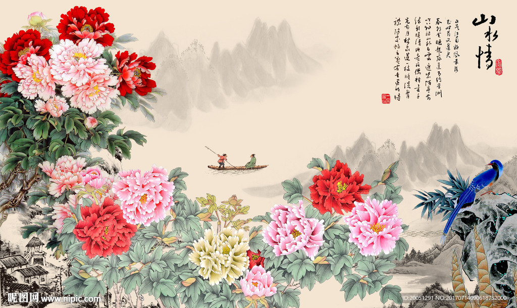 国画牡丹背景墙