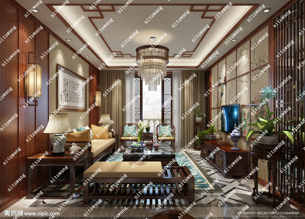 中式客厅设计集成墙面效果图模型