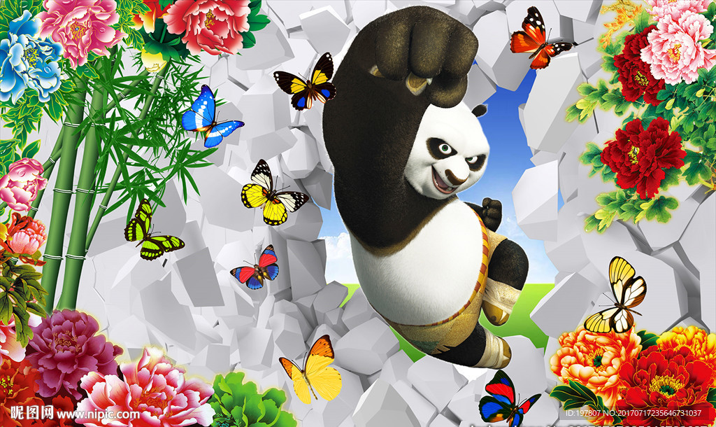 3D 儿童 功夫熊猫 牡丹 竹