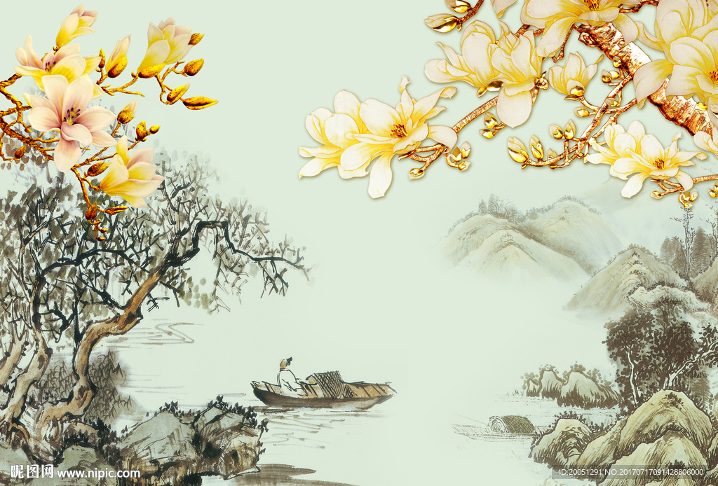 国画花鸟背景墙