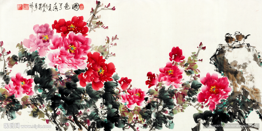国色天香牡丹山水画