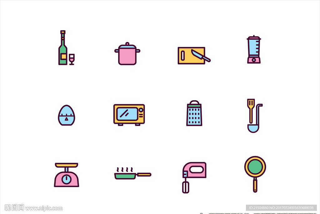 精致矢量厨房料理用具彩色图标