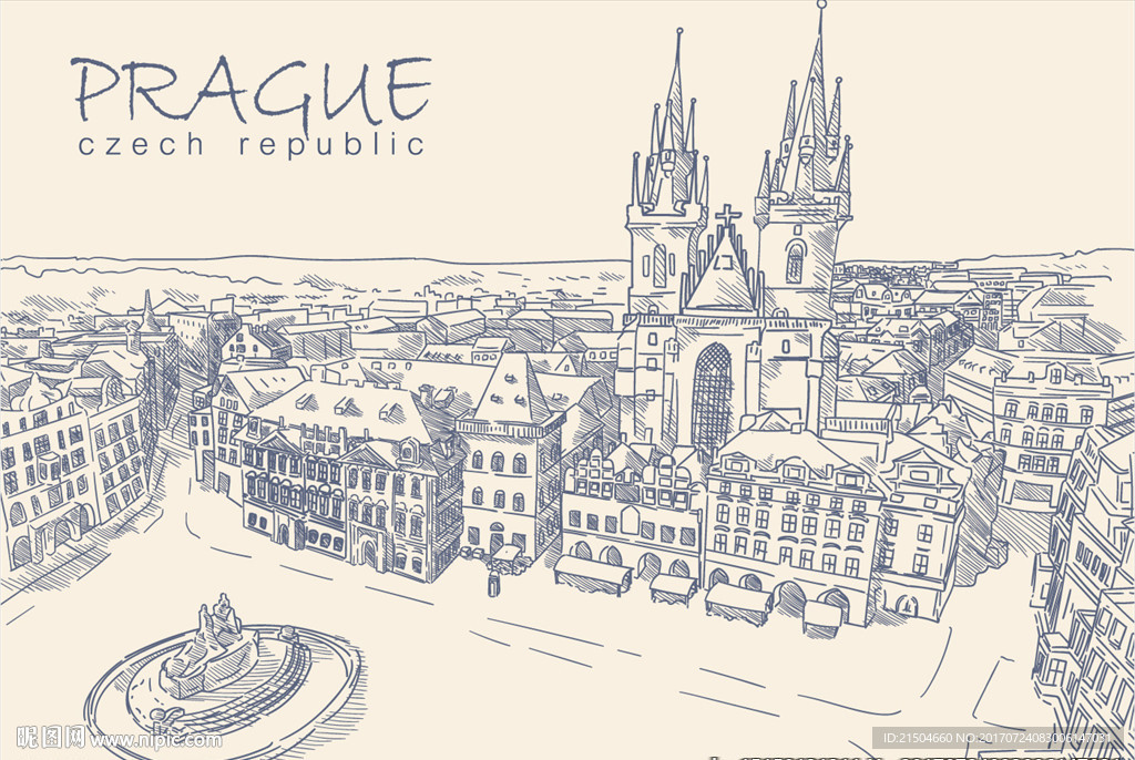 精致矢量手绘素描布拉格广场插画