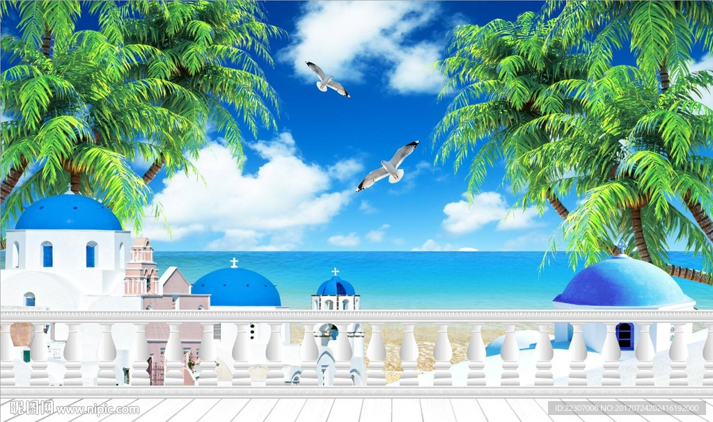 蓝天白云椰子树