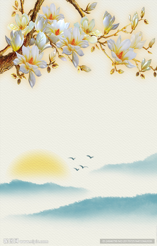 中式抽象玉兰花玄关背景墙