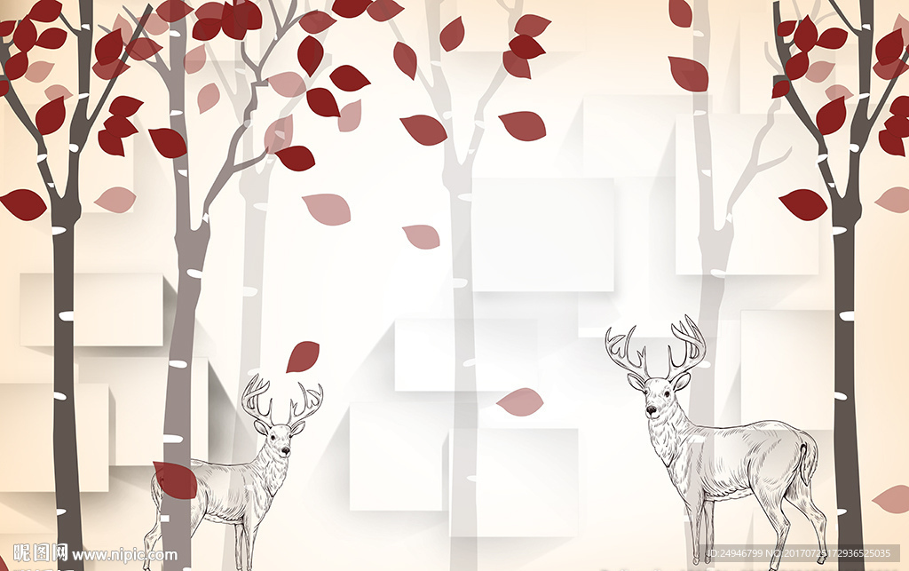 3D时尚树林小鹿影视背景墙