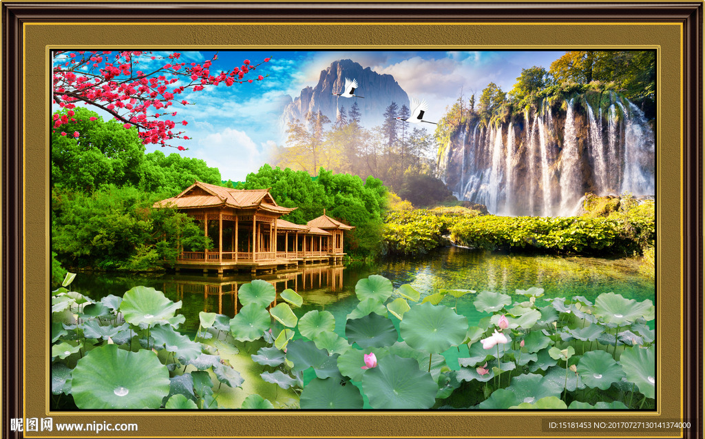 风景流水荷花