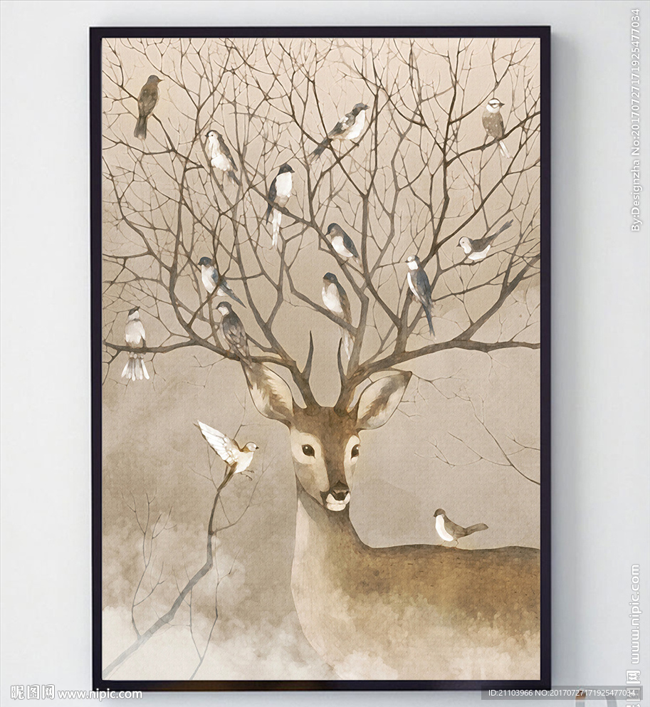 北欧简约手绘树枝麋鹿鹿角装饰画