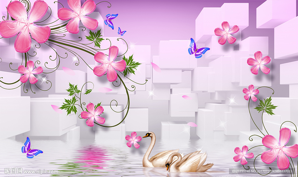 梦幻紫色花卉3D空间电视背景墙