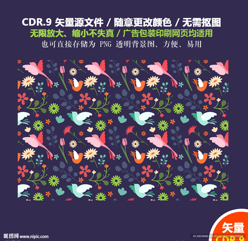 卡通可爱小鸟花草矢量图