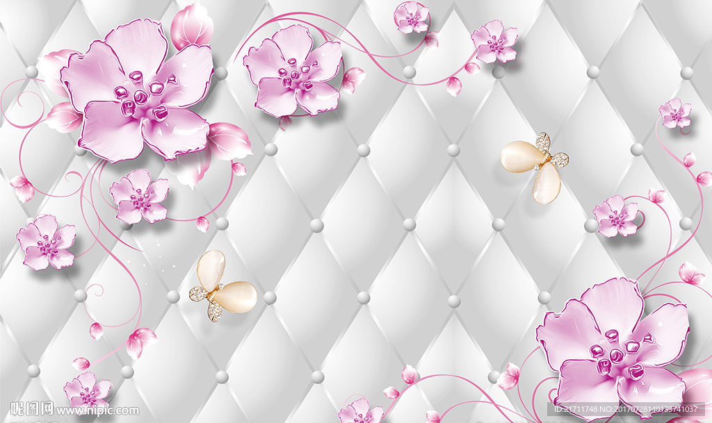 彩雕玫瑰蝴蝶白色软包电视背景墙