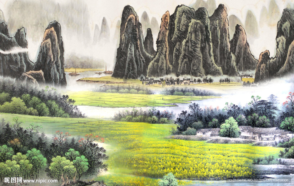 山水国画电视背景墙