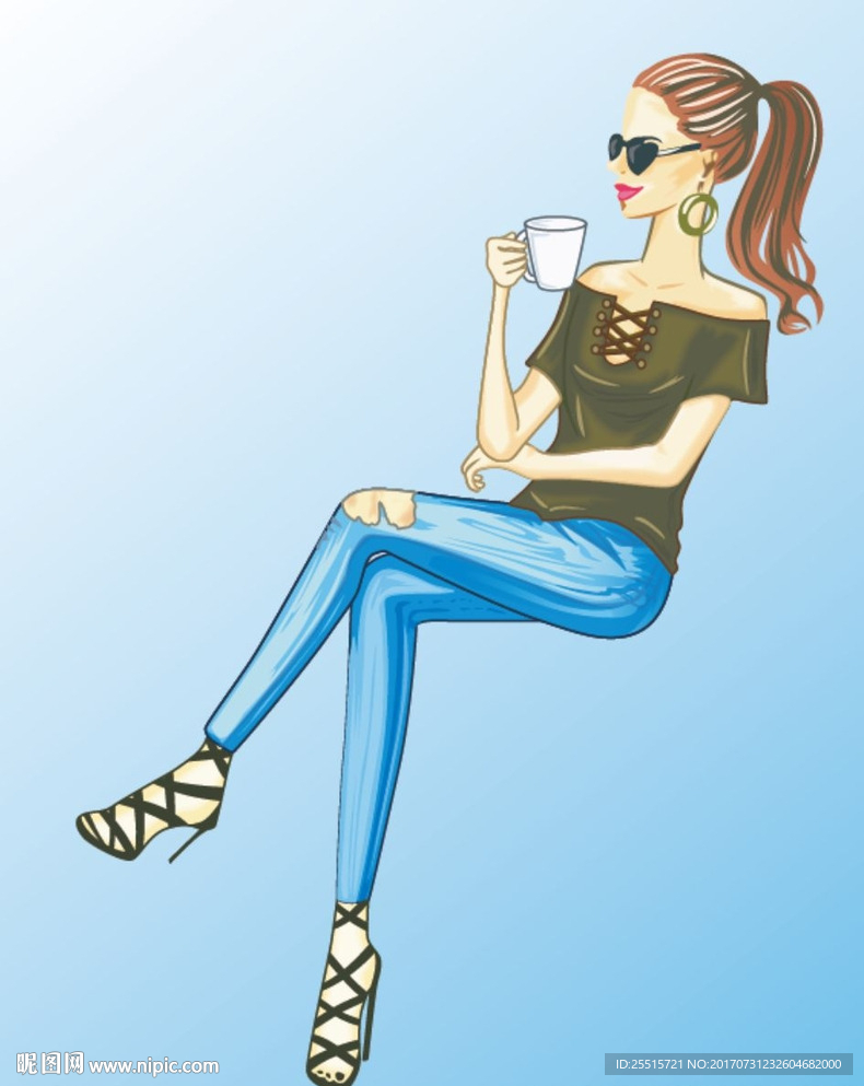 卡通美女喝咖啡图片