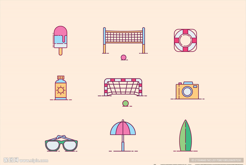 精致矢量彩色沙滩活动图标