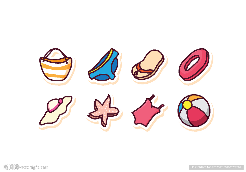 精致矢量彩色沙滩度假图标