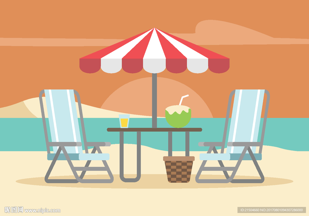 精致矢量彩色海边躺椅度假插画