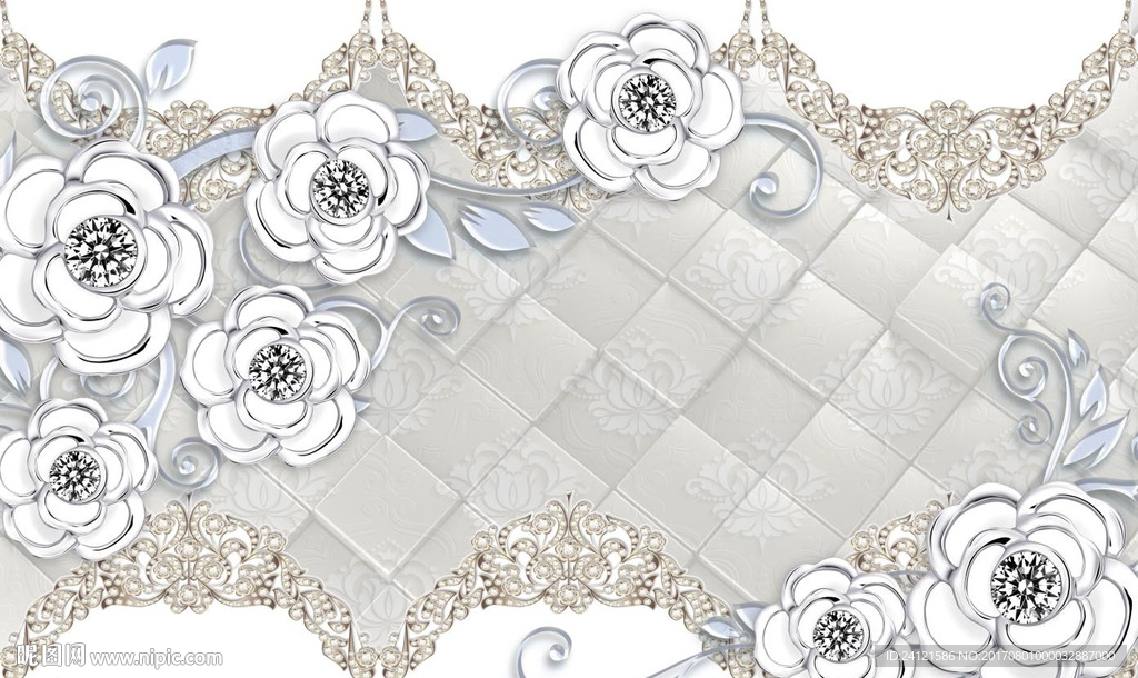 3D立体珠宝玫瑰家和富贵背景墙