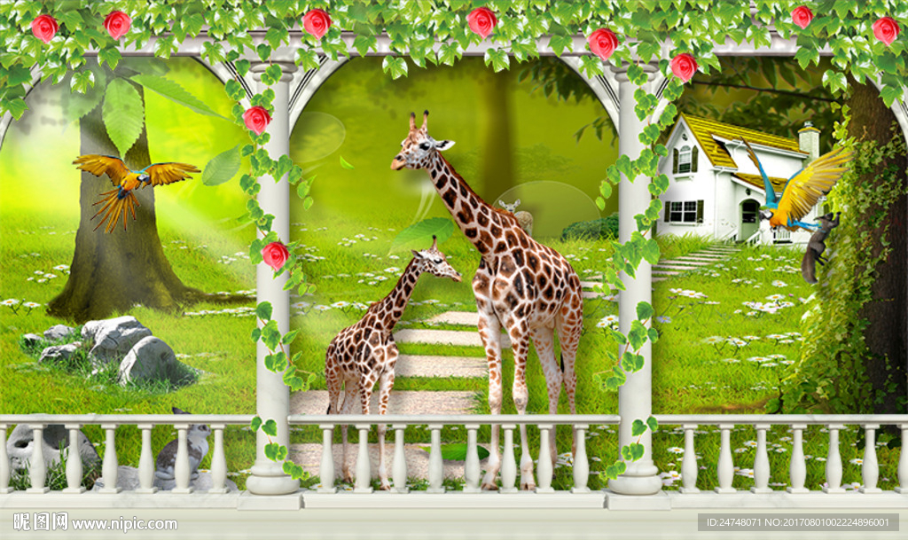 3D立体花藤拱门阳台森林长颈鹿