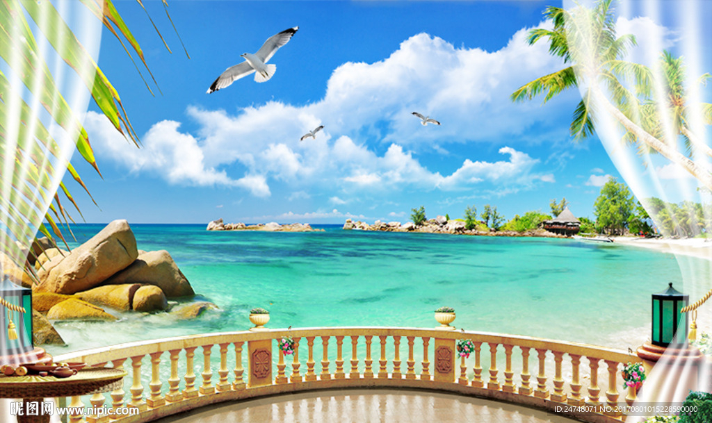 3D立体阳台唯美大海海边风景