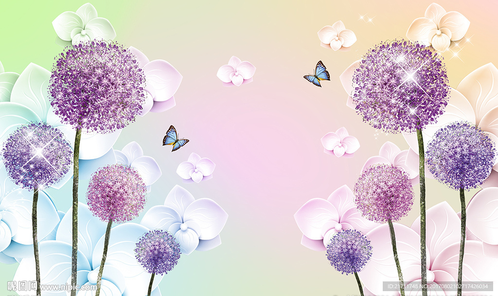 梦幻蒲公英蝴蝶花卉电视背景墙