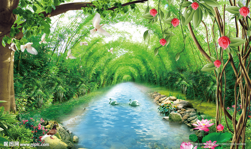 竹林小河3D立体唯美风景