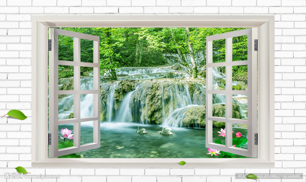 砖墙假窗3D立体唯美瀑布风景