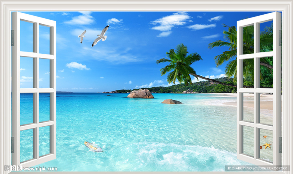 唯美地中海3D立体假窗海边风景
