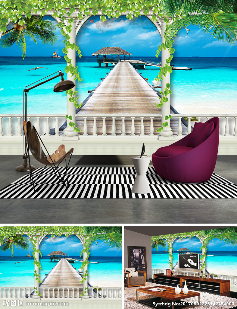 3D海边椰树沙滩海景背景墙