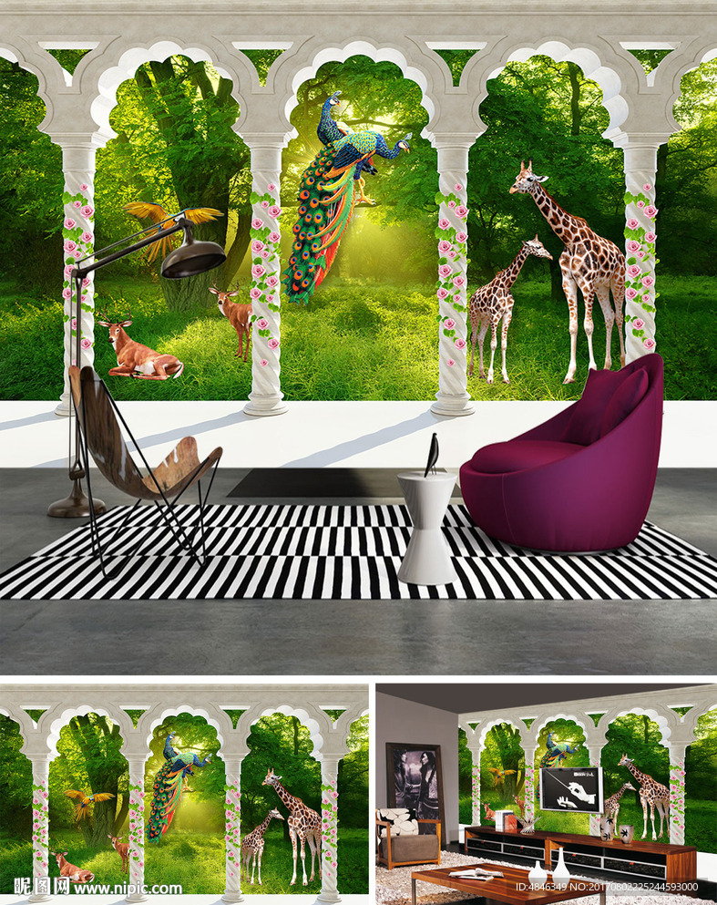 动物世界森林长颈鹿3D风景画