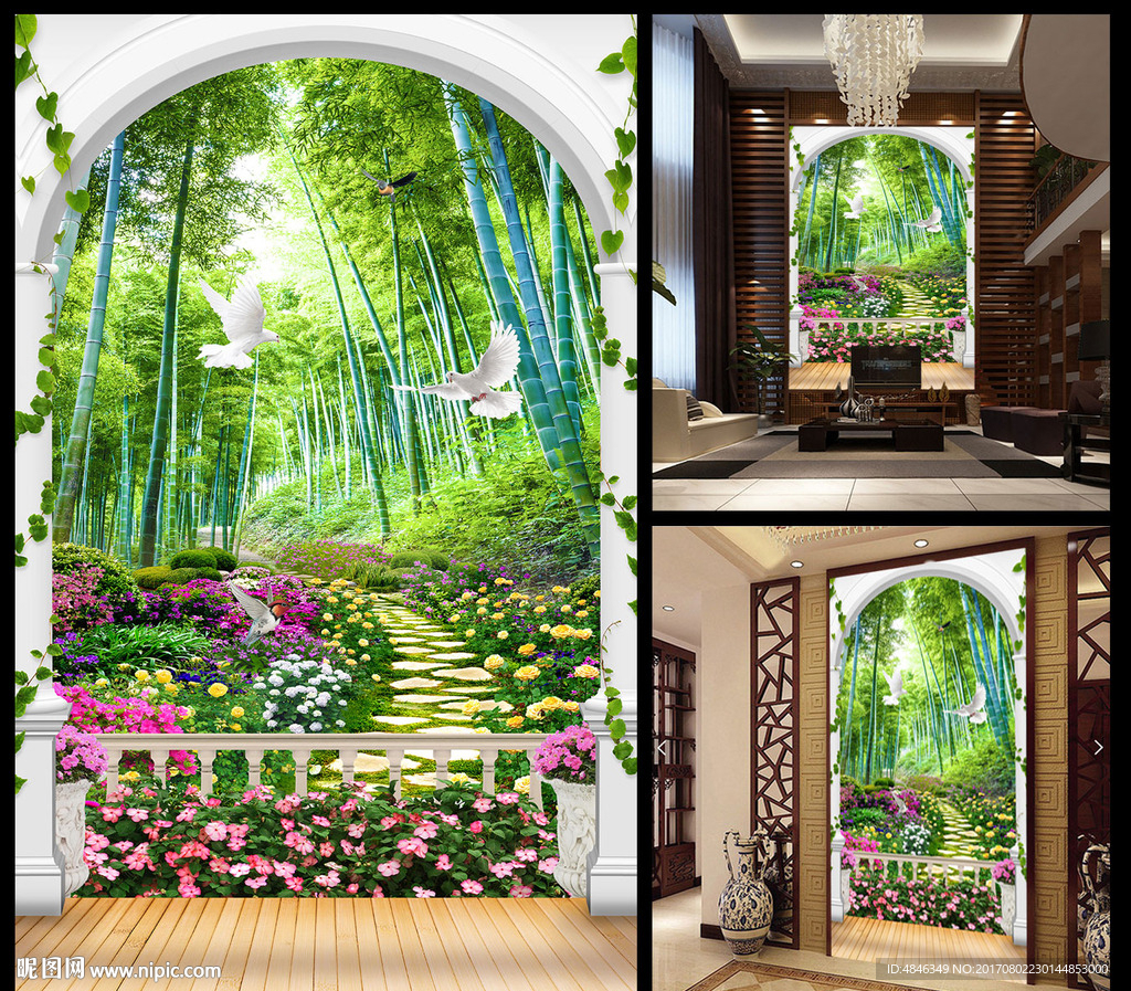 3D 竹林空间唯美玄关背景墙