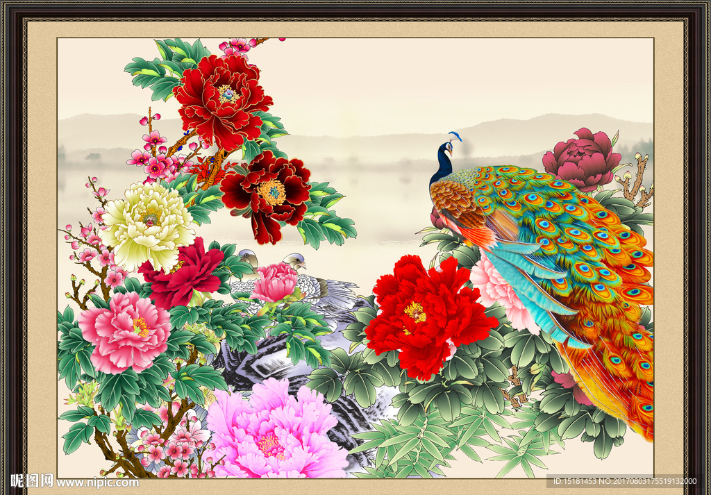 花开富贵孔雀图