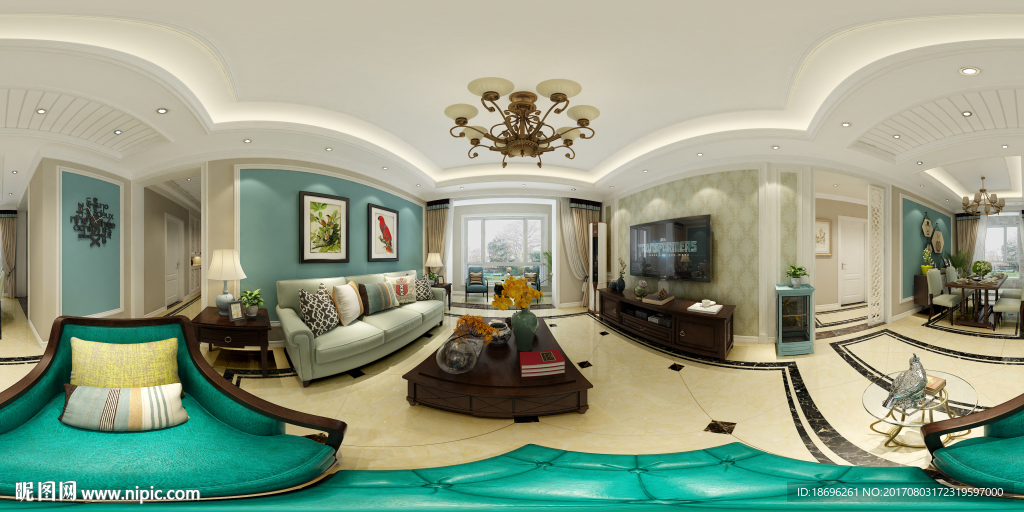 清新美式客餐厅全景效果图