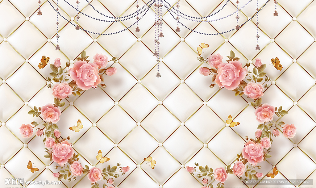 欧式吊坠玫瑰软包蝴蝶电视背景墙