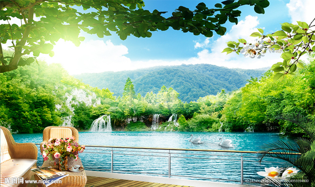 森林湖水3D立体阳台自然风景