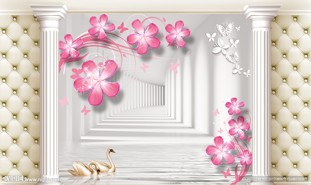 梦幻花卉蝴蝶天鹅欧式软包背景墙
