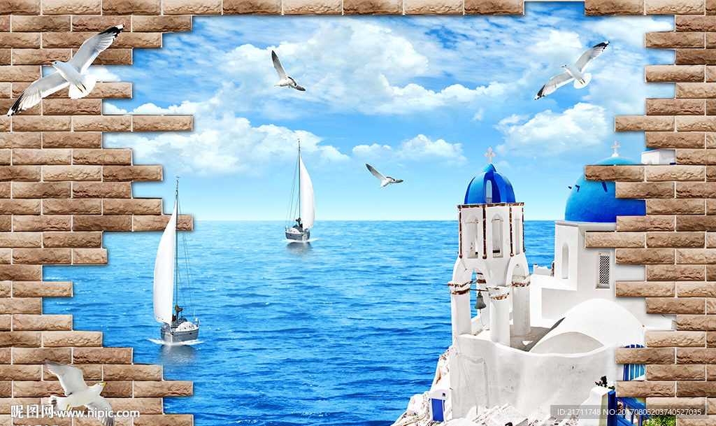 3D大海风景城堡砖墙电视背景墙