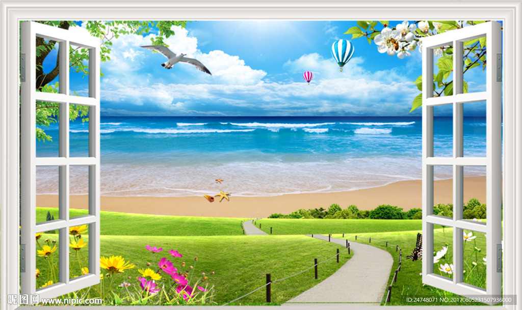 唯美大海海边风景3D立体假窗