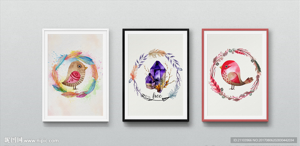 北欧小清新现代简约水彩花环小鸟