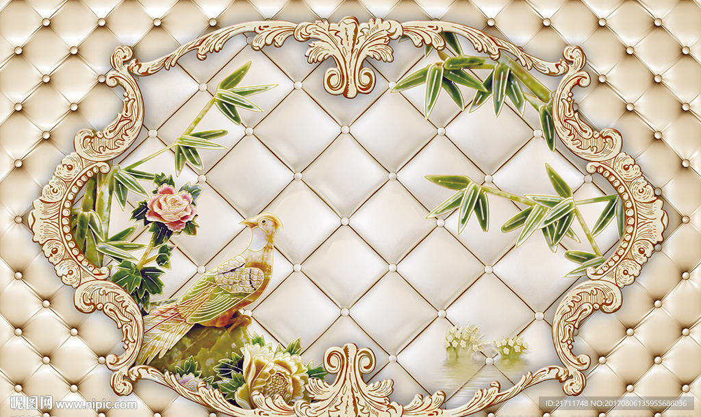 中式玉雕竹子欧式软包电视背景墙