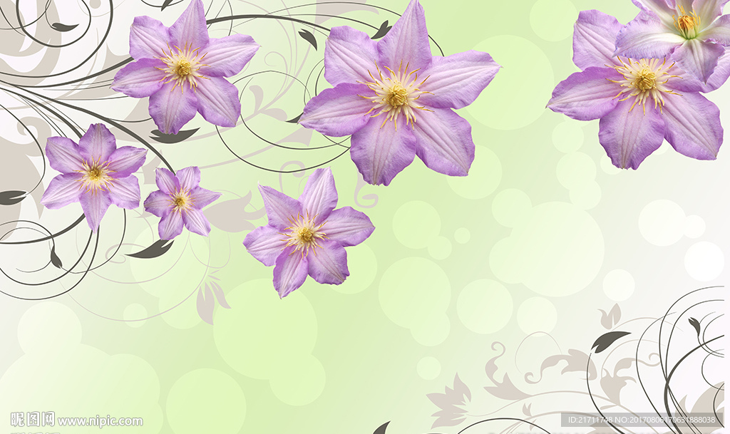 紫色花卉简约花藤圈圈电视背景墙