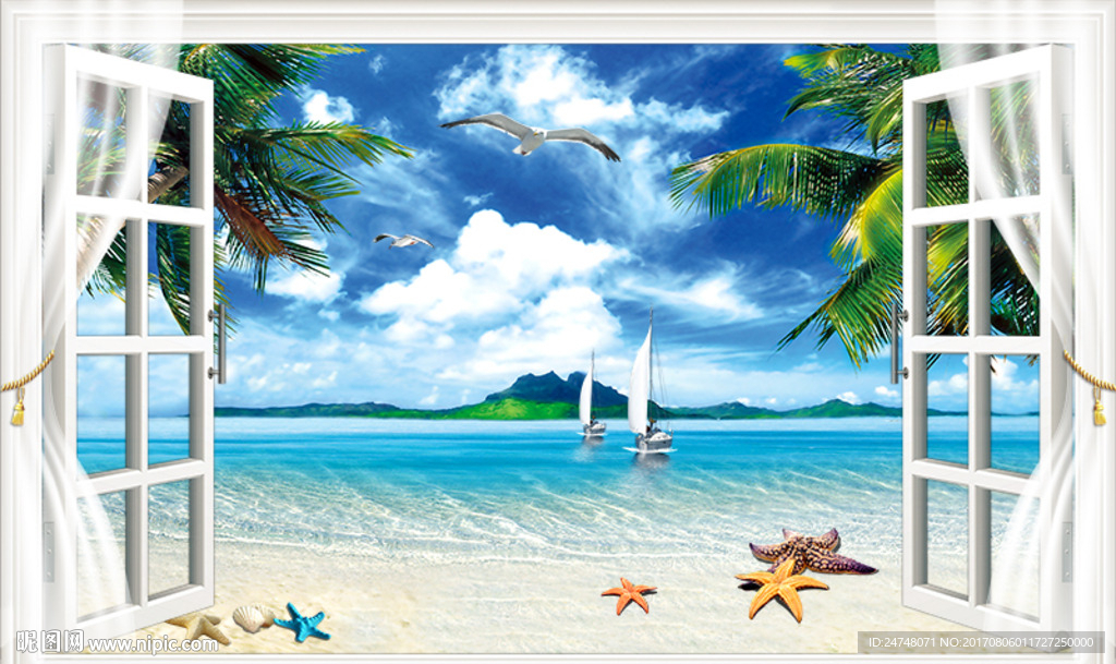 3D立体假窗唯美地中海海边风景