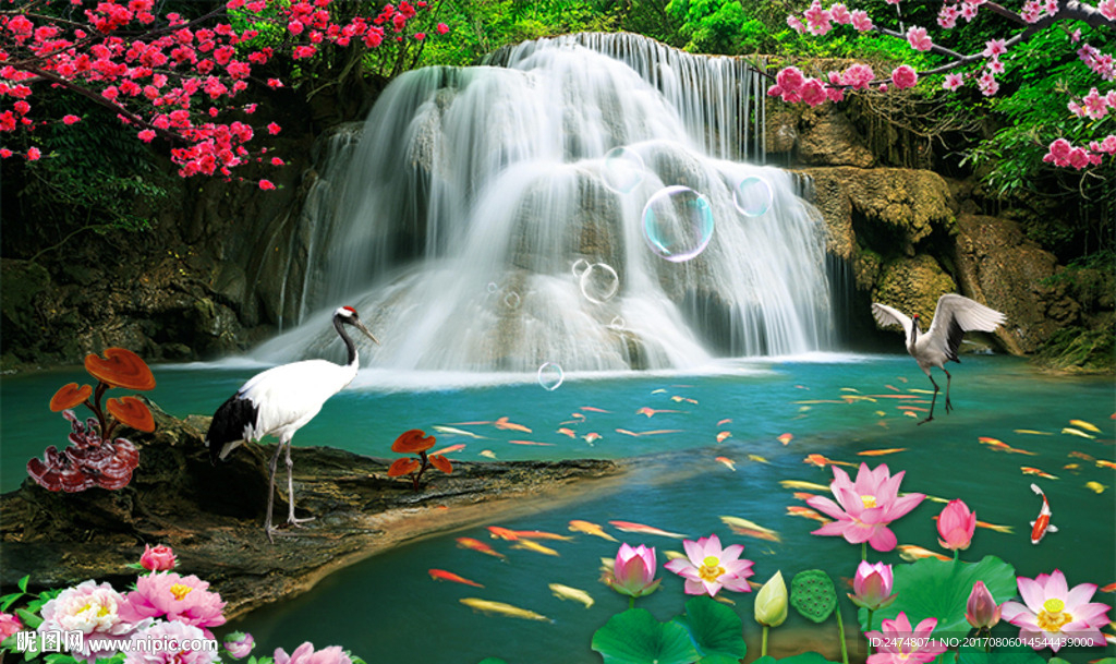 瀑布潭水仙鹤花朵唯美中式风景