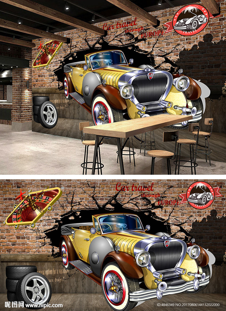 3D砖墙汽车破墙而出工装背景墙