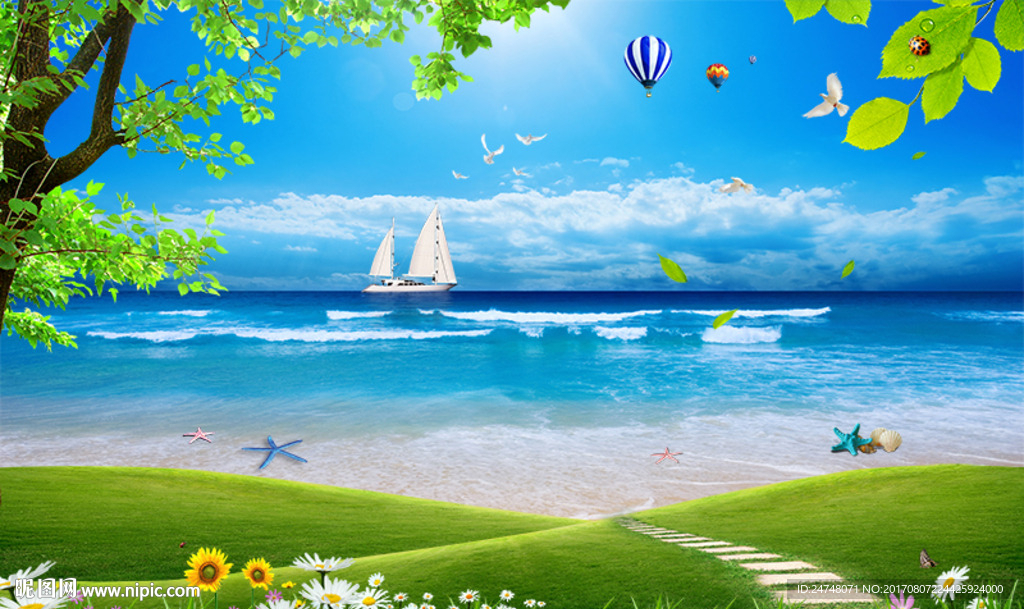 蓝天白云大海草地唯美海边风景