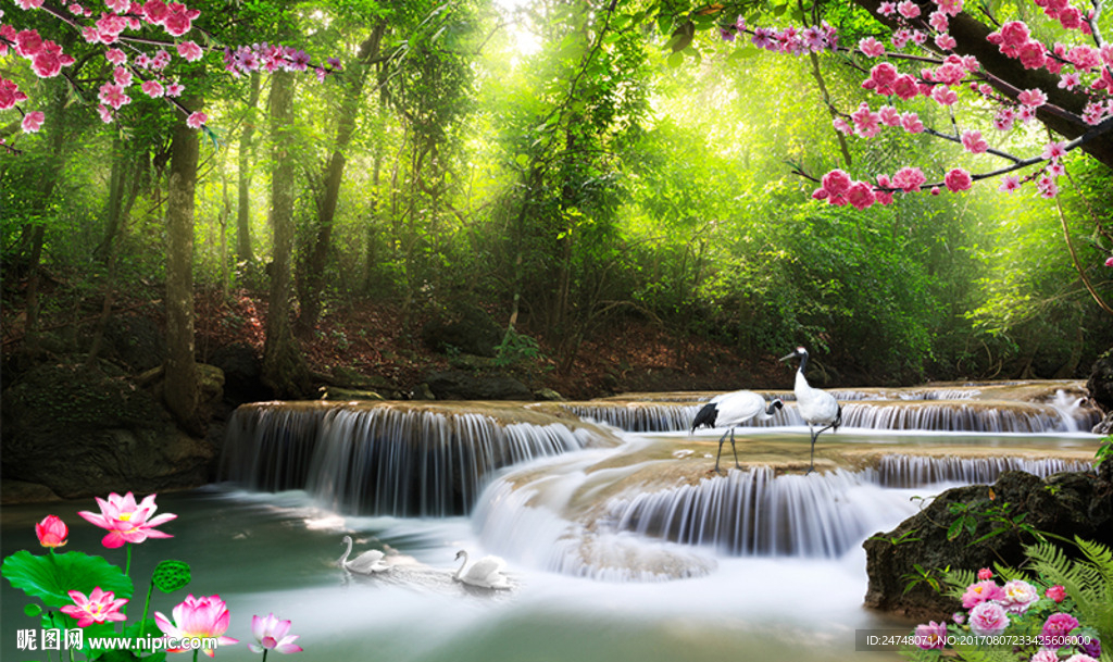 森林瀑布潭水花朵唯美自然风景