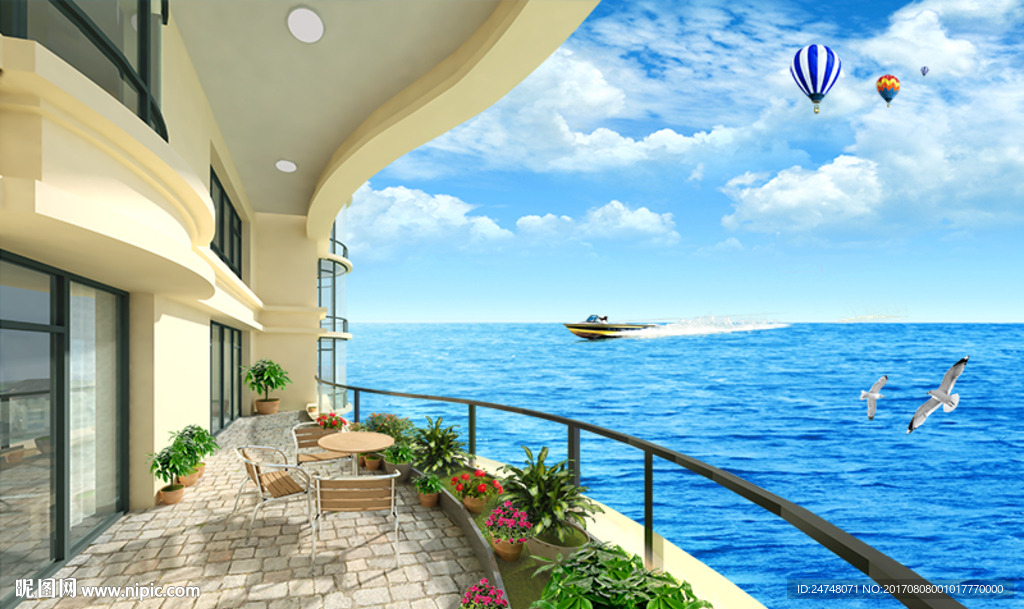 3D阳台唯美地中海圣托里尼风景