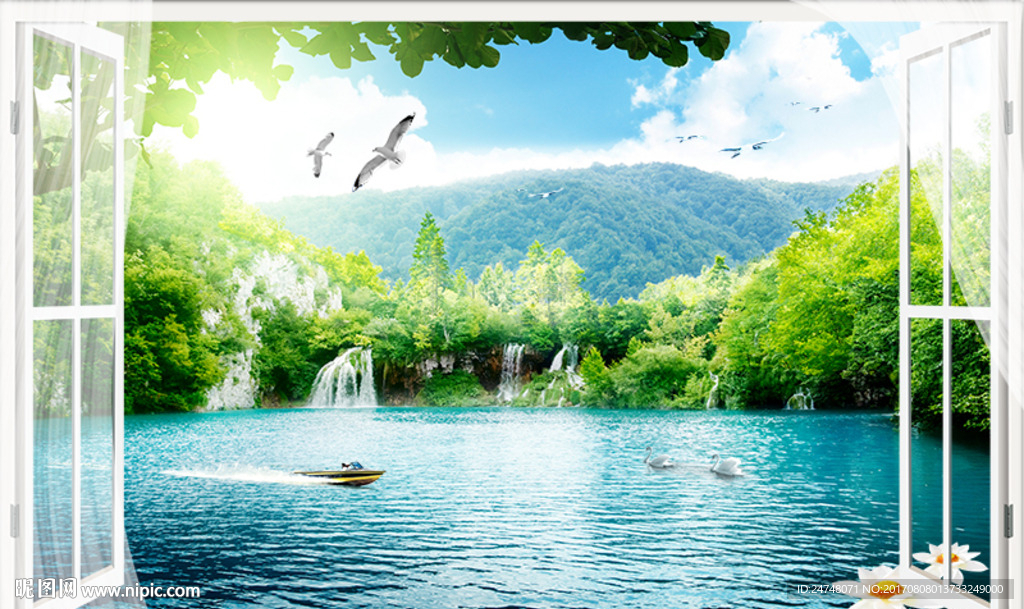 唯美瀑布湖水3D立体假窗风景