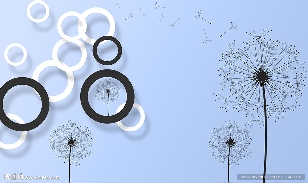 简约蒲公英黑白圈圈电视背景墙