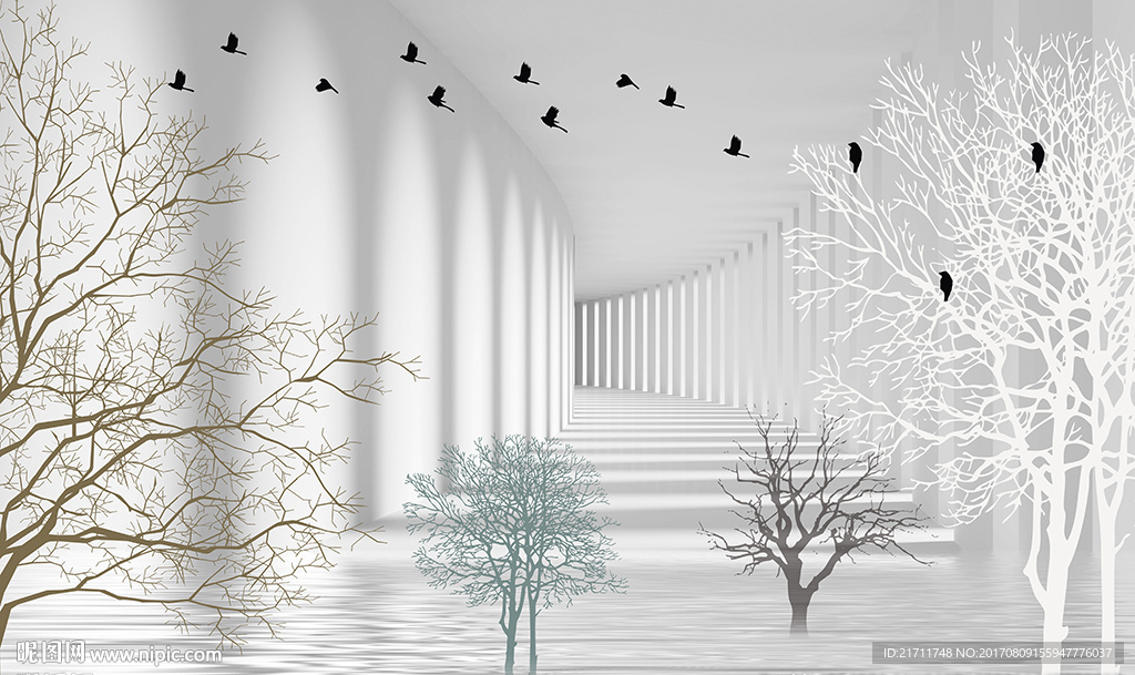 3D空间简约小树小鸟电视背景墙